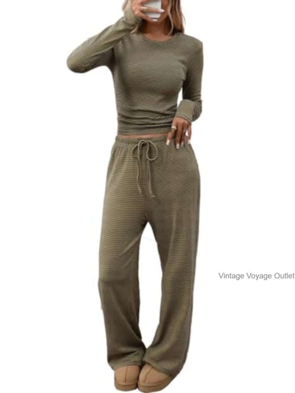 CHYRII Women Two Piece Lounge Set Long Sleeve Striped Pajama